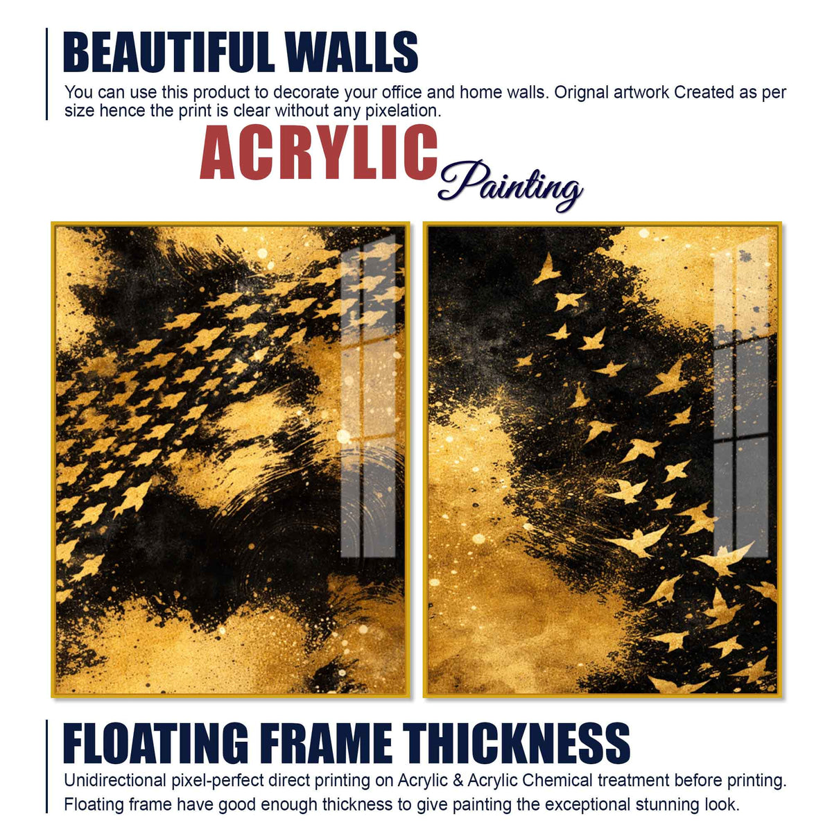 Golden Freedom Flock Modern Acrylic Floating Wall Painting Set of 2