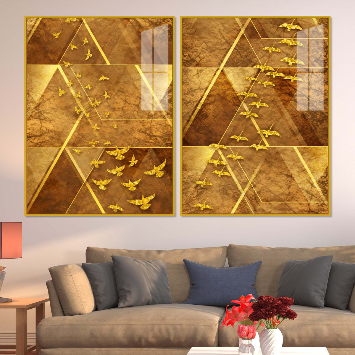 Golden Geometric Birds Abstract Acrylic Floating Wall Painting Set of 2