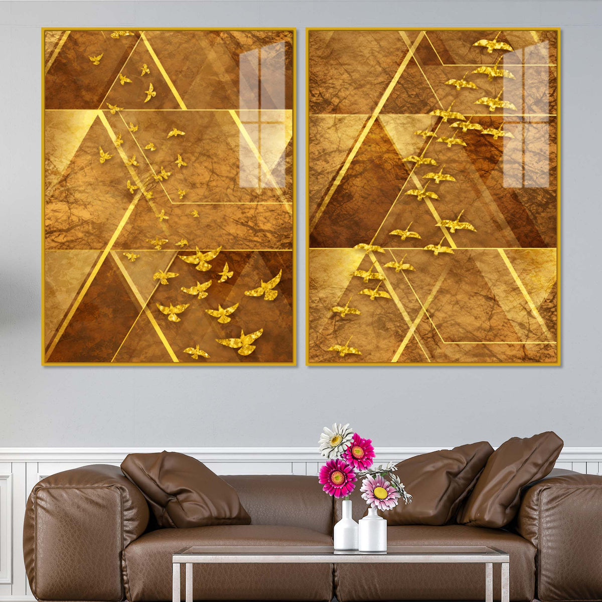 Golden Geometric Birds Abstract Acrylic Floating Wall Painting Set of 2