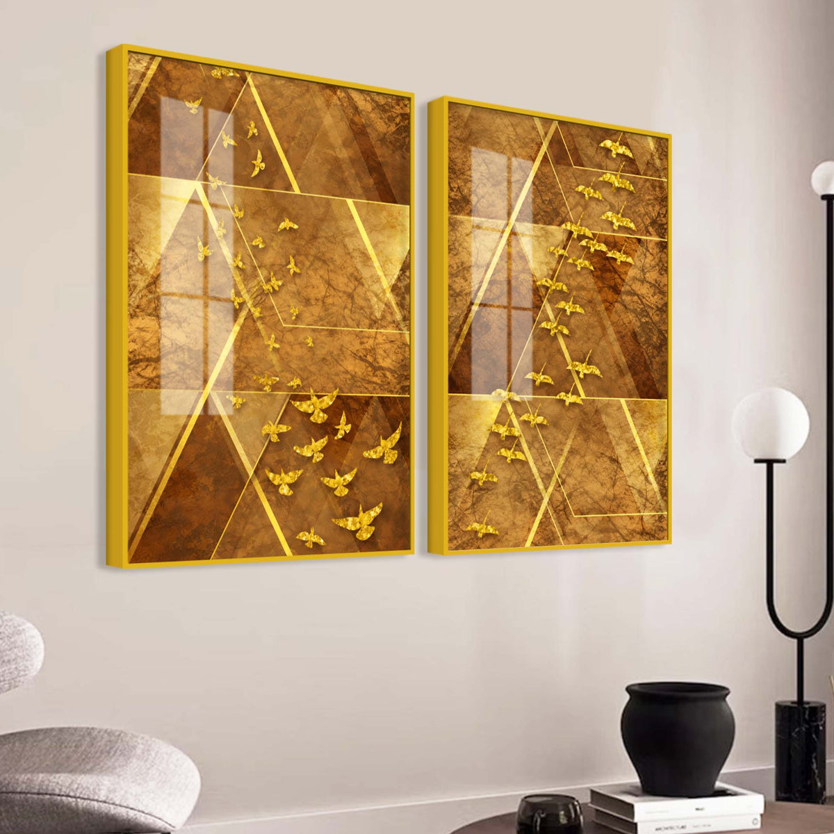 Golden Geometric Birds Abstract Acrylic Floating Wall Painting Set of 2