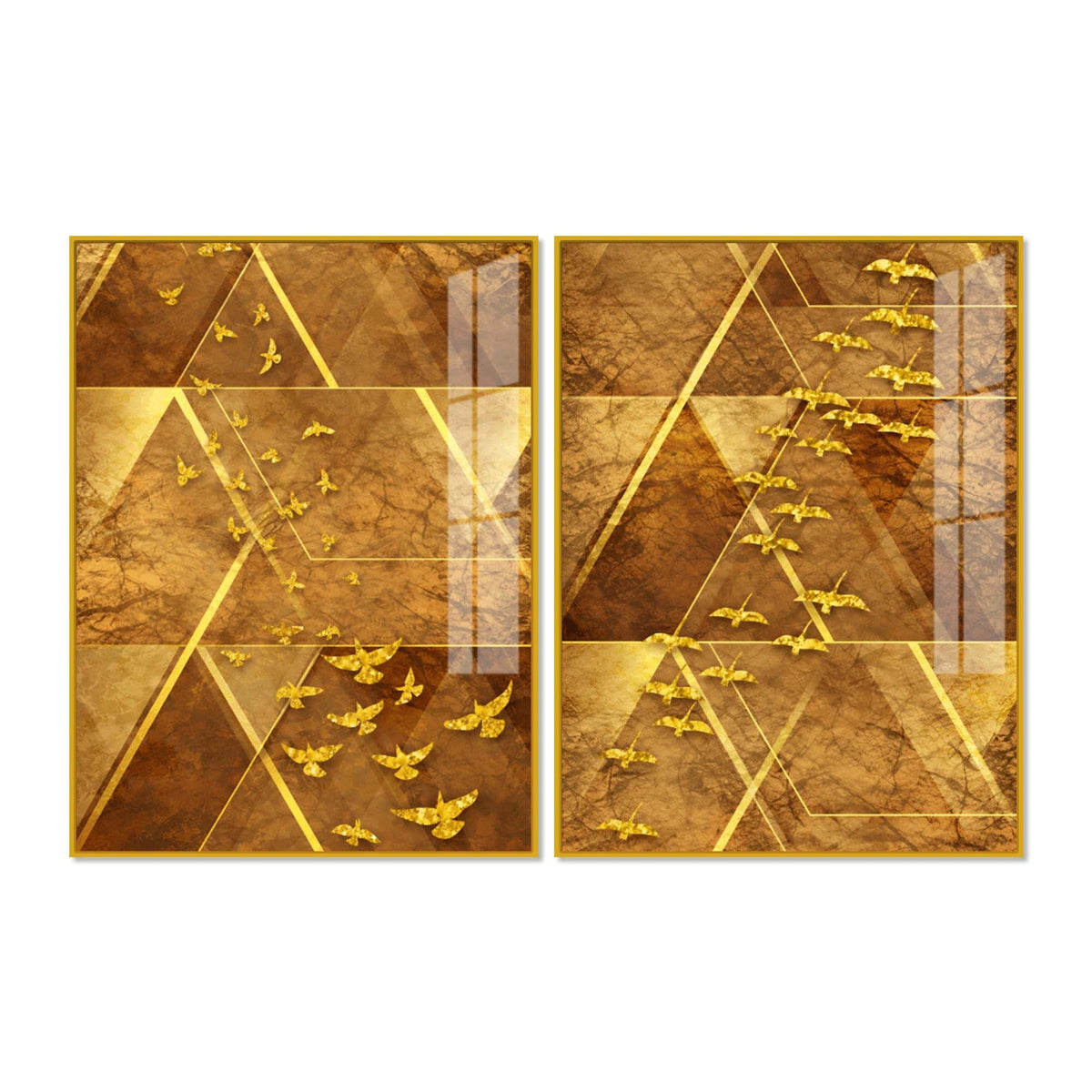 Golden Geometric Birds Abstract Acrylic Floating Wall Painting Set of 2