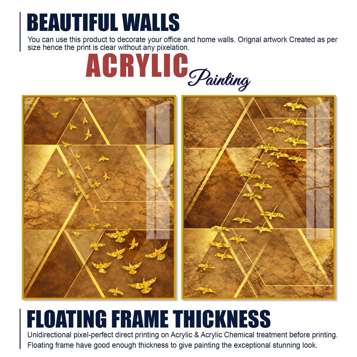 Golden Geometric Birds Abstract Acrylic Floating Wall Painting Set of 2