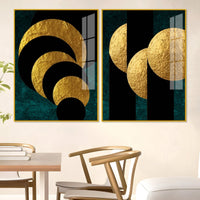 Golden Geometric Circles Shapes Art Acrylic Floating Wall Painting Set Of 2