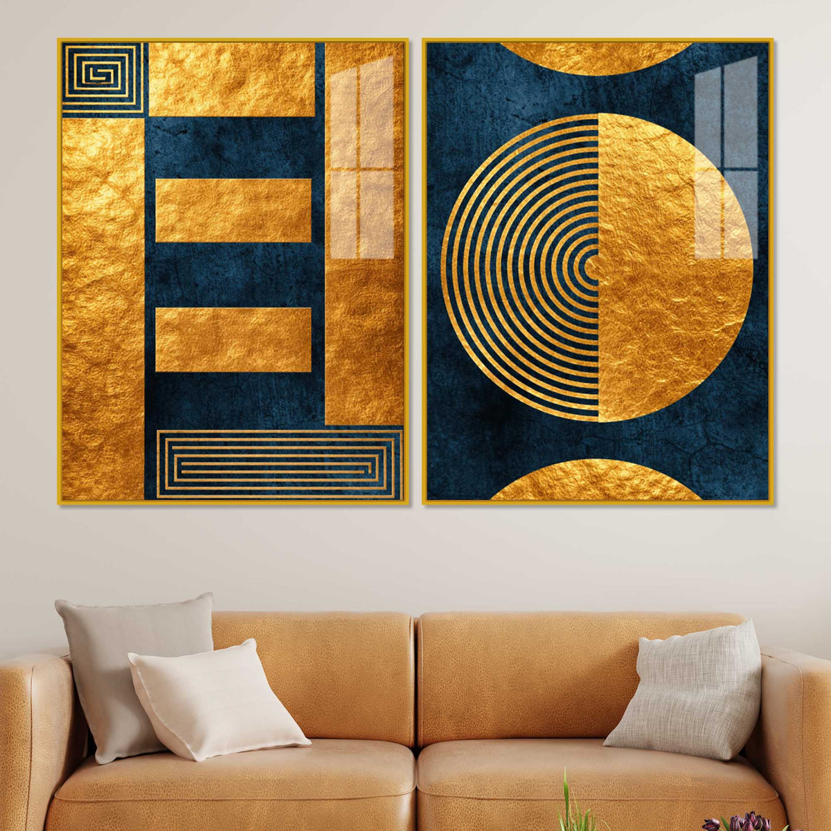 Golden Geometry and Circular Pattern Acrylic Floating Wall Painting Set of 2