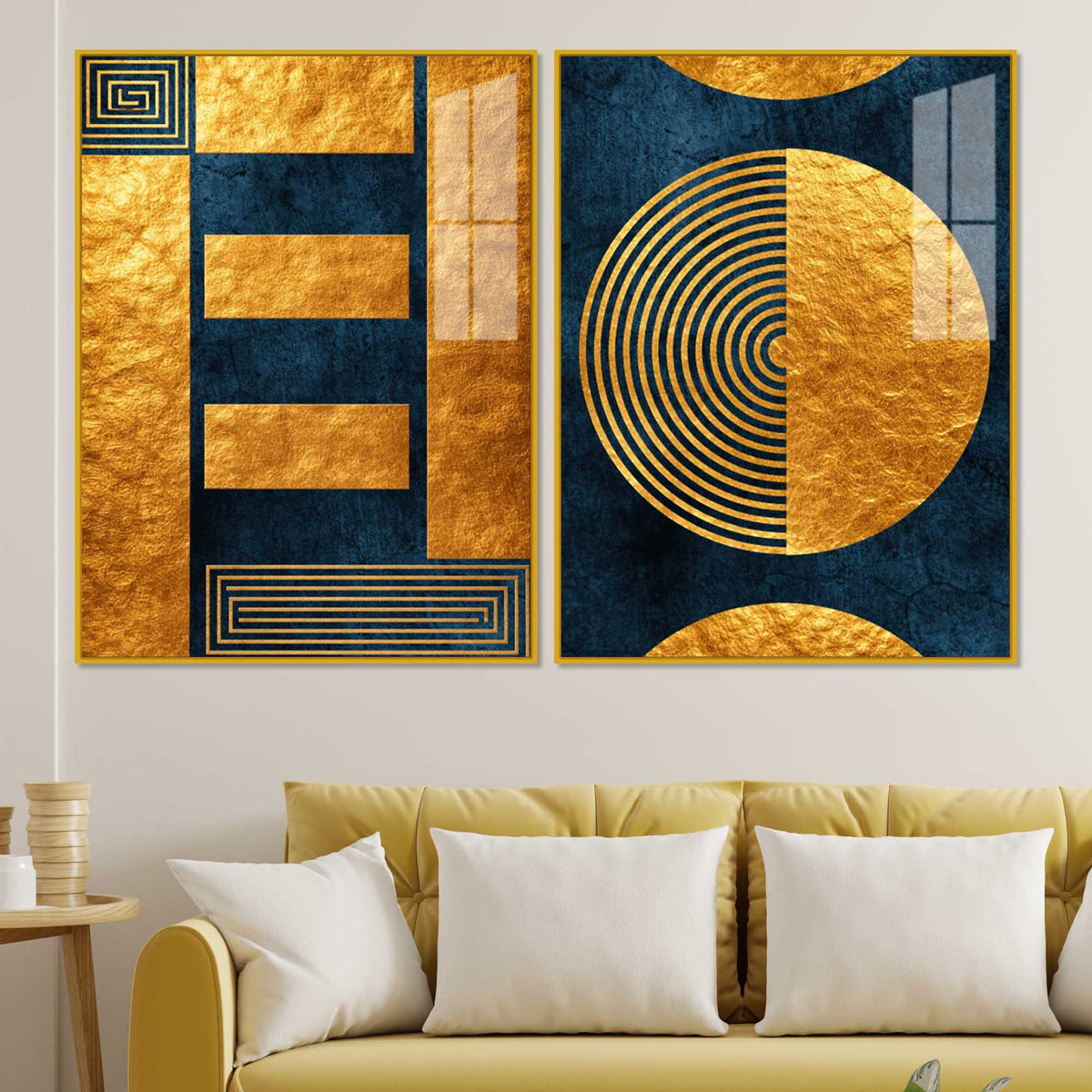Golden Geometry and Circular Pattern Acrylic Floating Wall Painting Set of 2