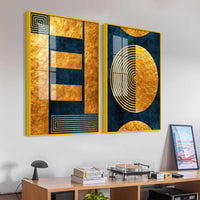Golden Geometry and Circular Pattern Acrylic Floating Wall Painting Set of 2