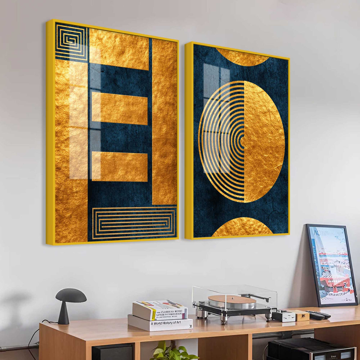 Golden Geometry and Circular Pattern Acrylic Floating Wall Painting Set of 2