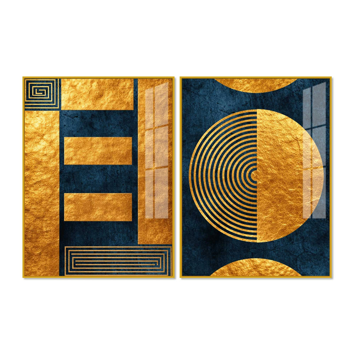 Golden Geometry and Circular Pattern Acrylic Floating Wall Painting Set of 2