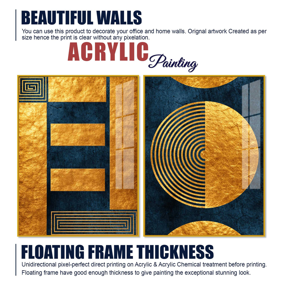 Golden Geometry and Circular Pattern Acrylic Floating Wall Painting Set of 2