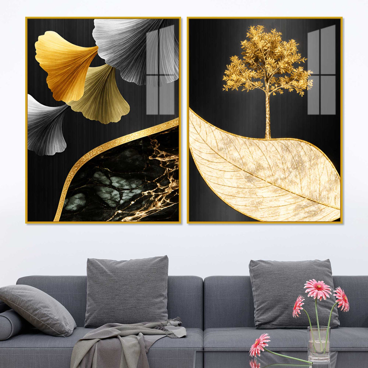 Golden Ginkgo Leaves and Tree Acrylic Floating Wall Painting Set of 2