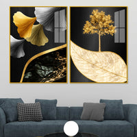 Golden Ginkgo Leaves and Tree Acrylic Floating Wall Painting Set of 2