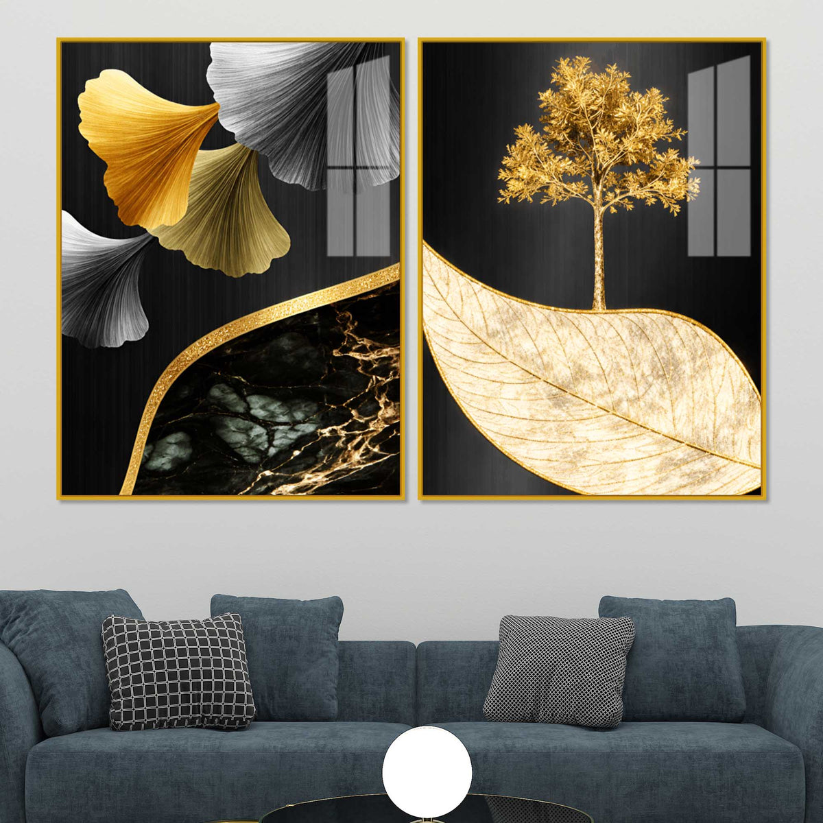 Golden Ginkgo Leaves and Tree Acrylic Floating Wall Painting Set of 2