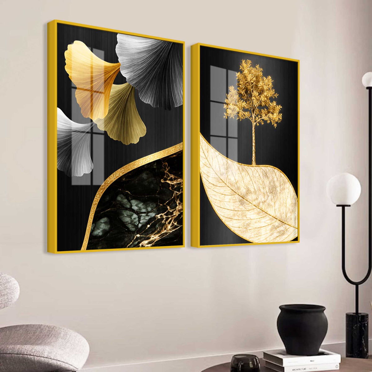 Golden Ginkgo Leaves and Tree Acrylic Floating Wall Painting Set of 2