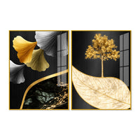 Golden Ginkgo Leaves and Tree Acrylic Floating Wall Painting Set of 2