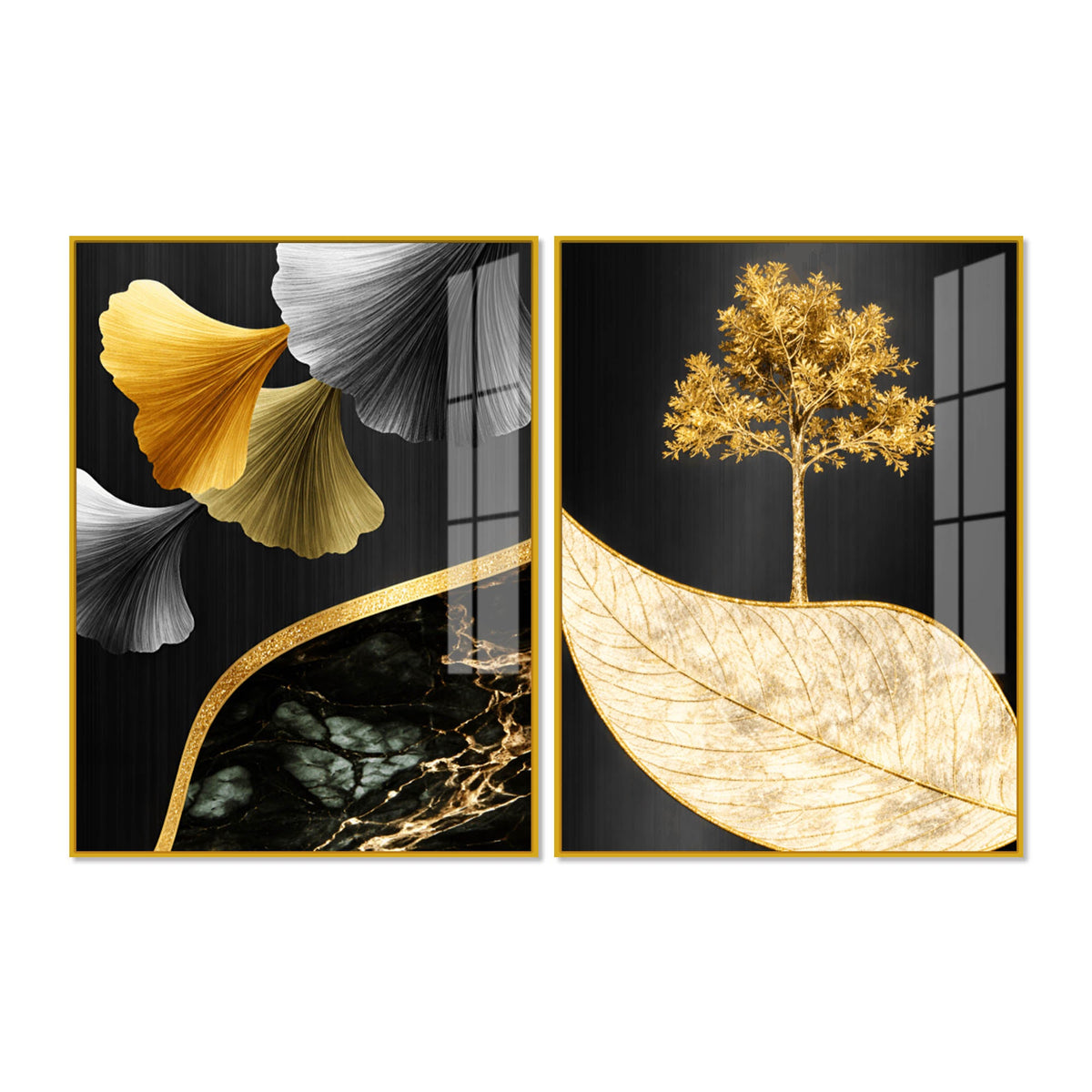 Golden Ginkgo Leaves and Tree Acrylic Floating Wall Painting Set of 2