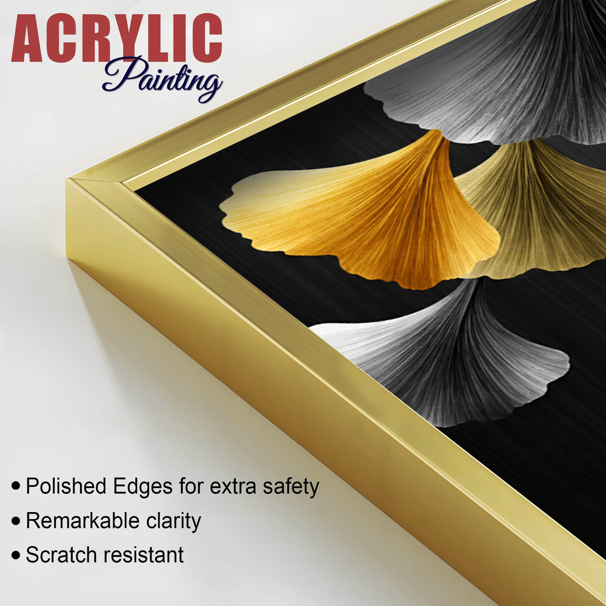 Golden Ginkgo Leaves and Tree Acrylic Floating Wall Painting Set of 2