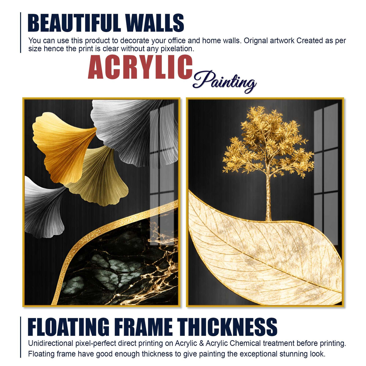 Golden Ginkgo Leaves and Tree Acrylic Floating Wall Painting Set of 2