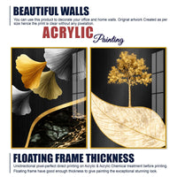 Golden Ginkgo Leaves and Tree Acrylic Floating Wall Painting Set of 2