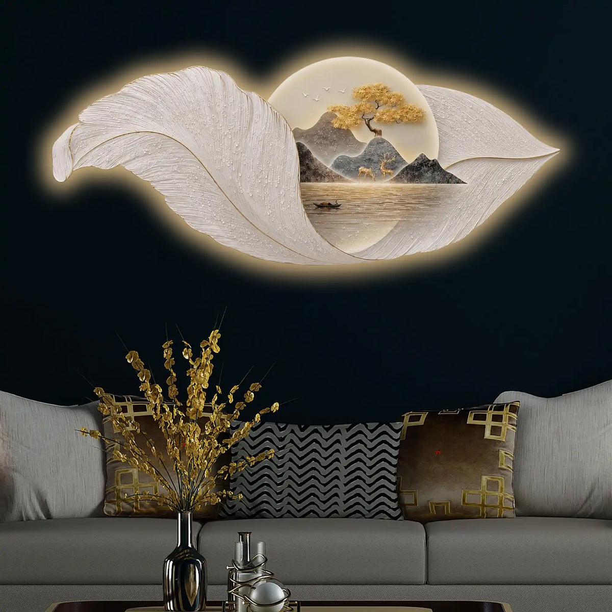 Golden Ginkgo Leaves Premium Crystal Glass Backlit LED Wall Art
