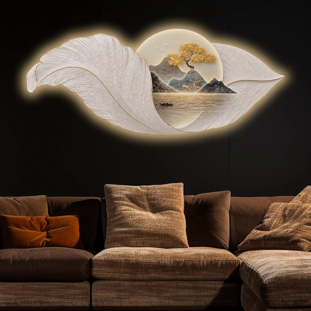 Golden Ginkgo Leaves Premium Crystal Glass Backlit LED Wall Art