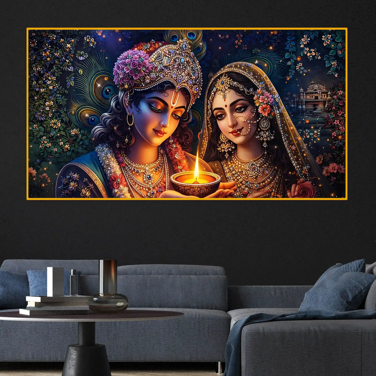Golden Glow Radha Krishna Crystal Glass Wall Premium Painting