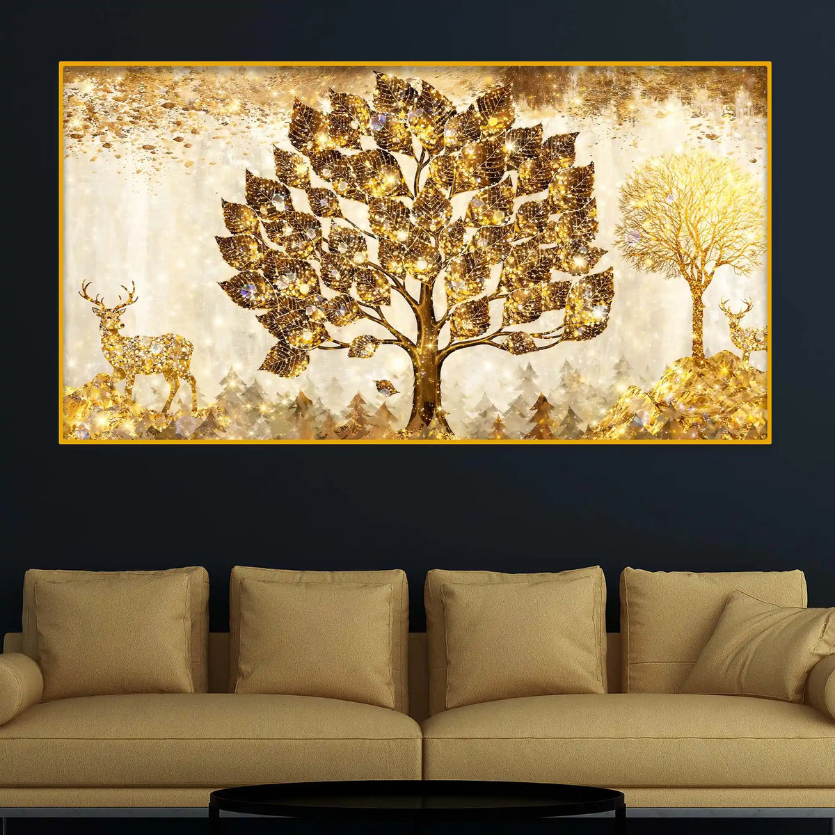 Golden Glow Tree and Deer Crystal Glass Wall Painting