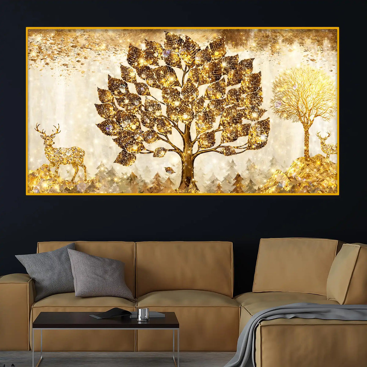 Golden Glow Tree and Deer Crystal Glass Wall Painting