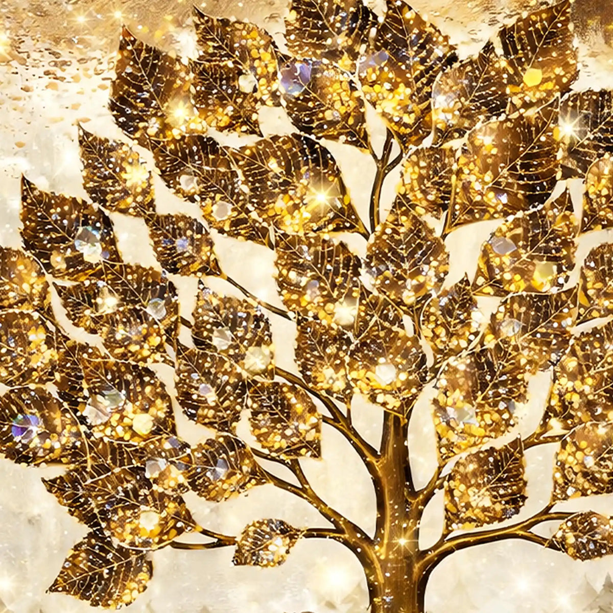 Golden Glow Tree and Deer Crystal Glass Wall Painting