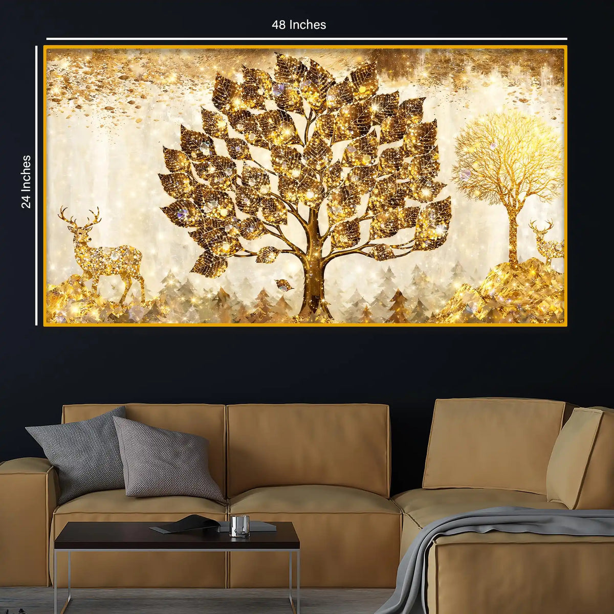 Golden Glow Tree and Deer Crystal Glass Wall Painting
