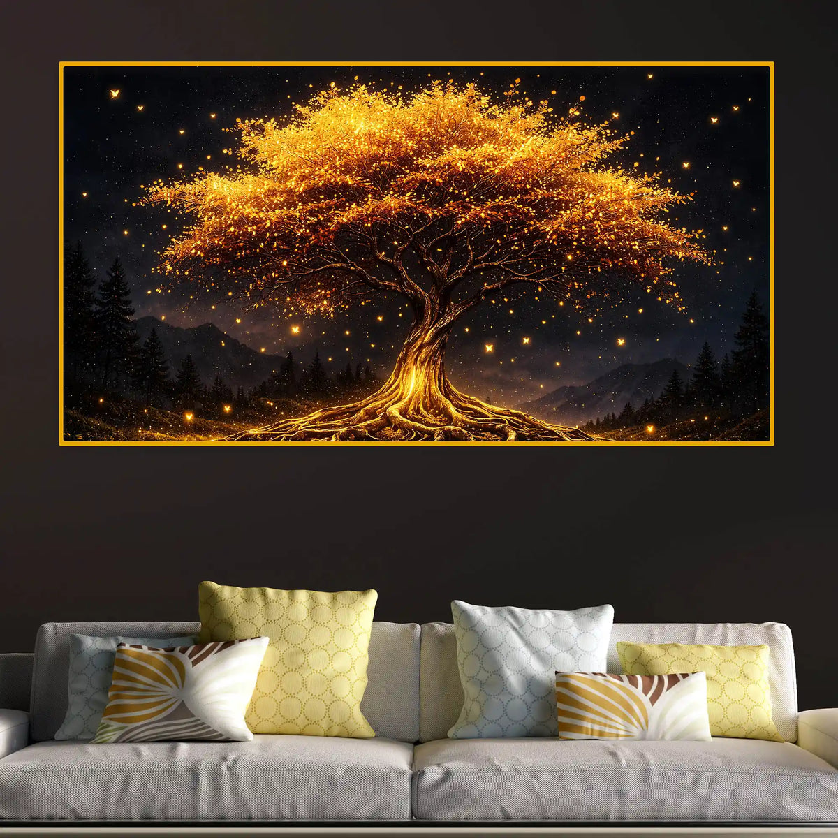 Golden Glow Tree Crystal Glass Painting for Modern Luxury Decor