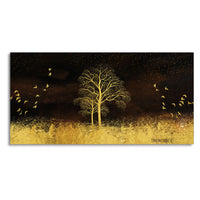 Golden Grass Trees with Birds in Dark Background Wall Painting