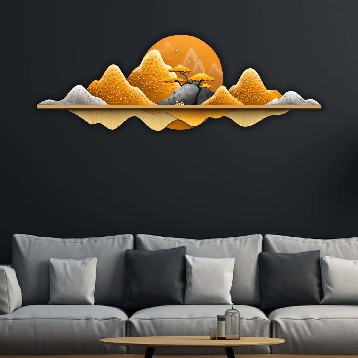 Golden Horizon Mountain Crystal Glass Backlit LED Wall Art