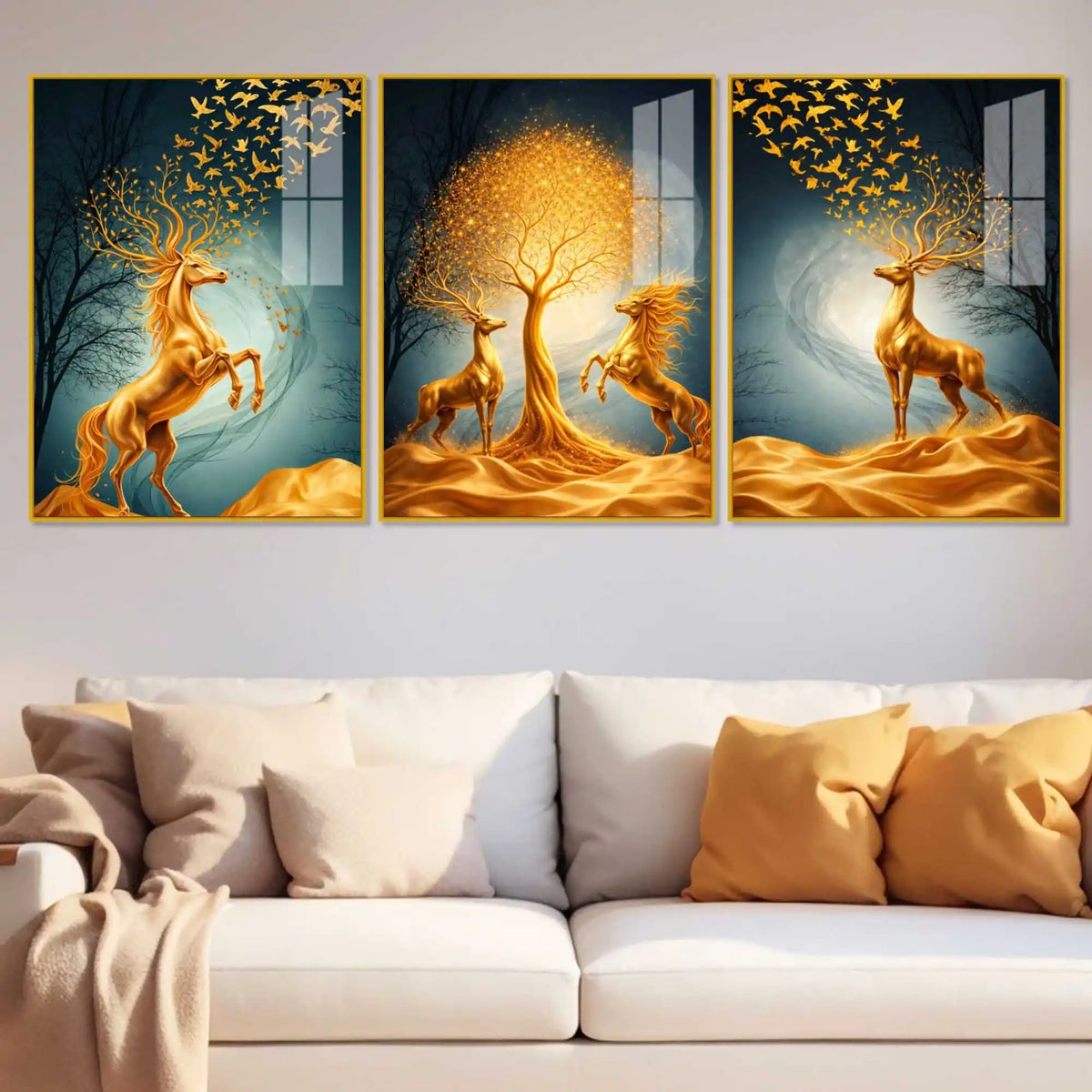 Golden Horse and Deer Acrylic Floating Frame Wall Painting Set of 3