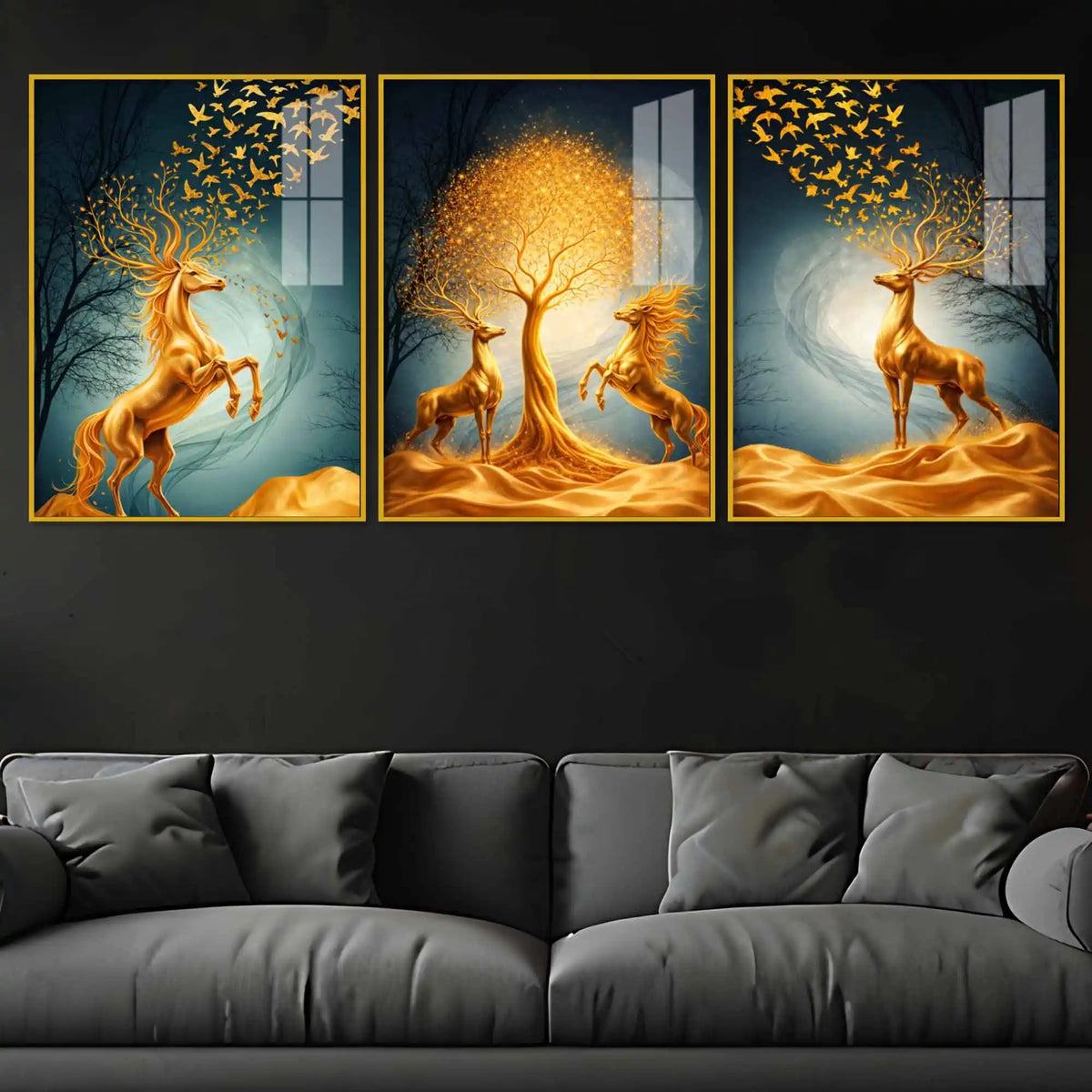 Golden Horse and Deer Acrylic Floating Frame Wall Painting Set of 3