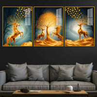 Golden Horse and Deer Acrylic Floating Frame Wall Painting Set of 3