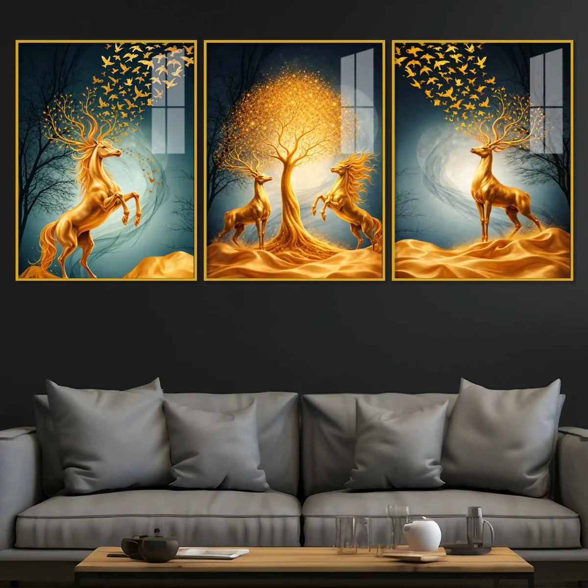 Golden Horse and Deer Acrylic Floating Frame Wall Painting Set of 3