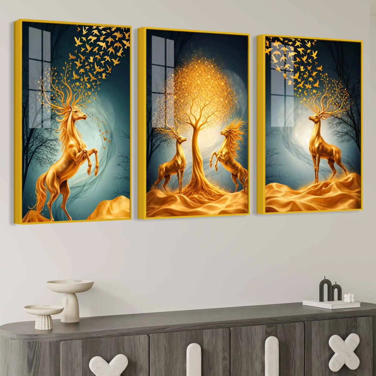 Golden Horse and Deer Acrylic Floating Frame Wall Painting Set of 3