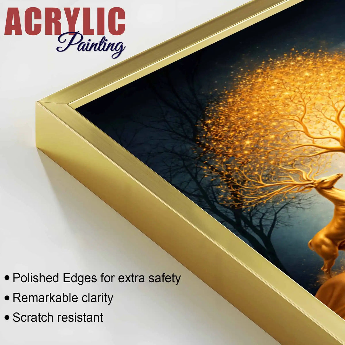Golden Horse and Deer Acrylic Floating Frame Wall Painting Set of 3