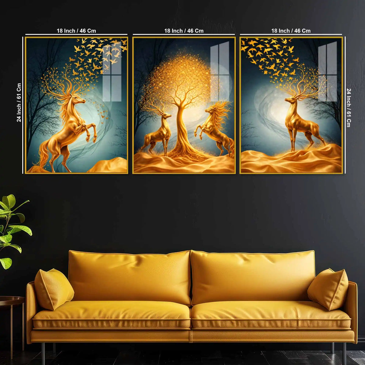 Golden Horse and Deer Acrylic Floating Frame Wall Painting Set of 3