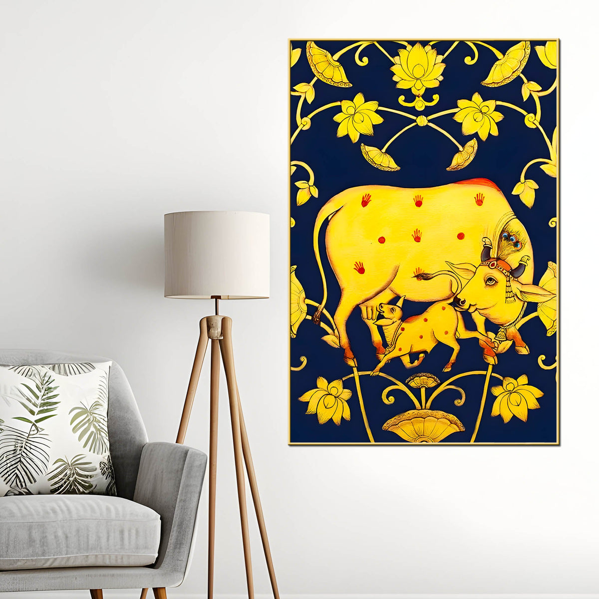 Golden Kamdhenu Cow & Calf Folk Art Canvas Painting for Home