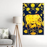 Golden Kamdhenu Cow & Calf Folk Art Canvas Painting for Home