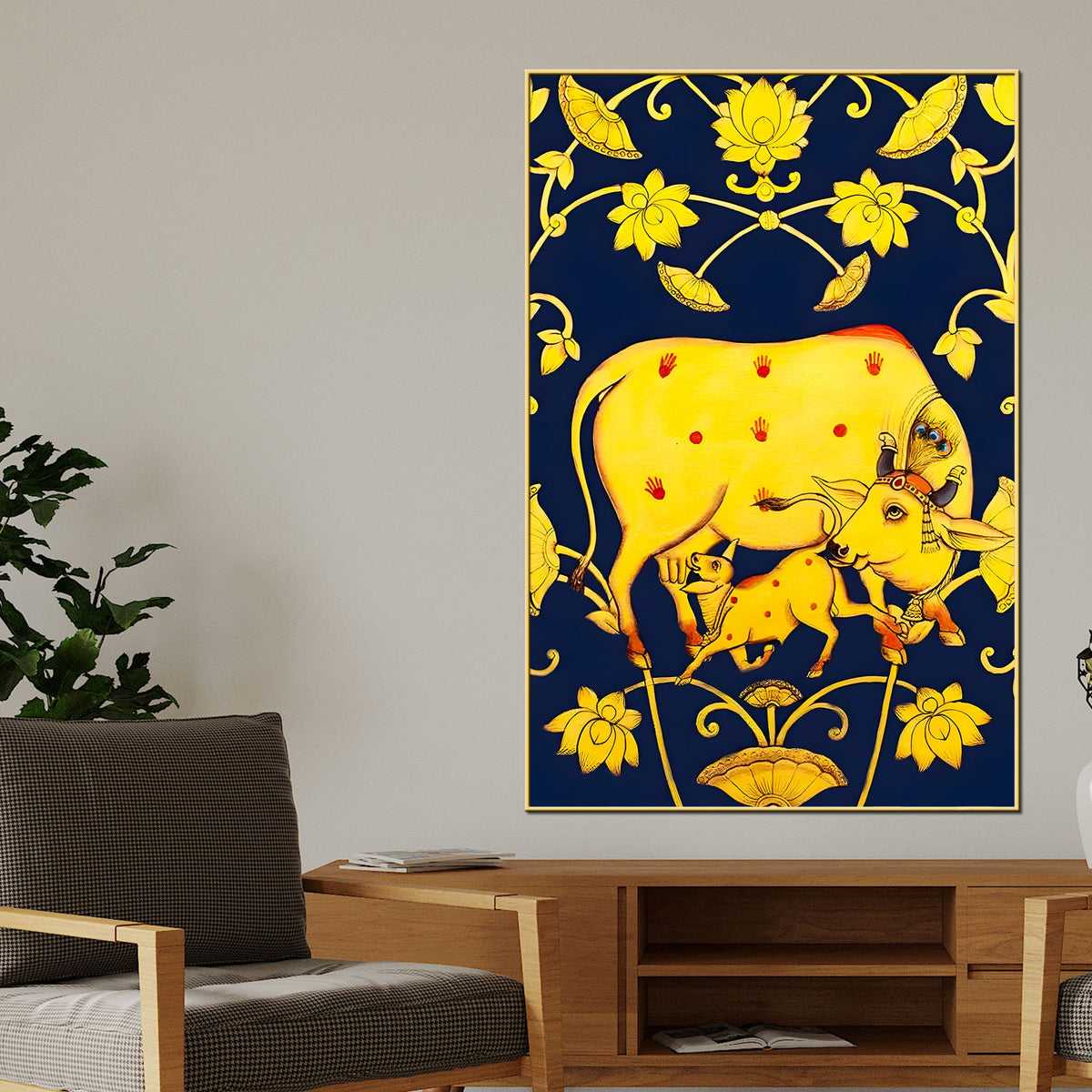 Golden Kamdhenu Cow & Calf Folk Art Canvas Painting for Home
