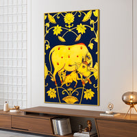 Golden Kamdhenu Cow & Calf Folk Art Canvas Painting for Home