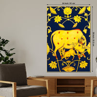 Golden Kamdhenu Cow & Calf Folk Art Canvas Painting for Home