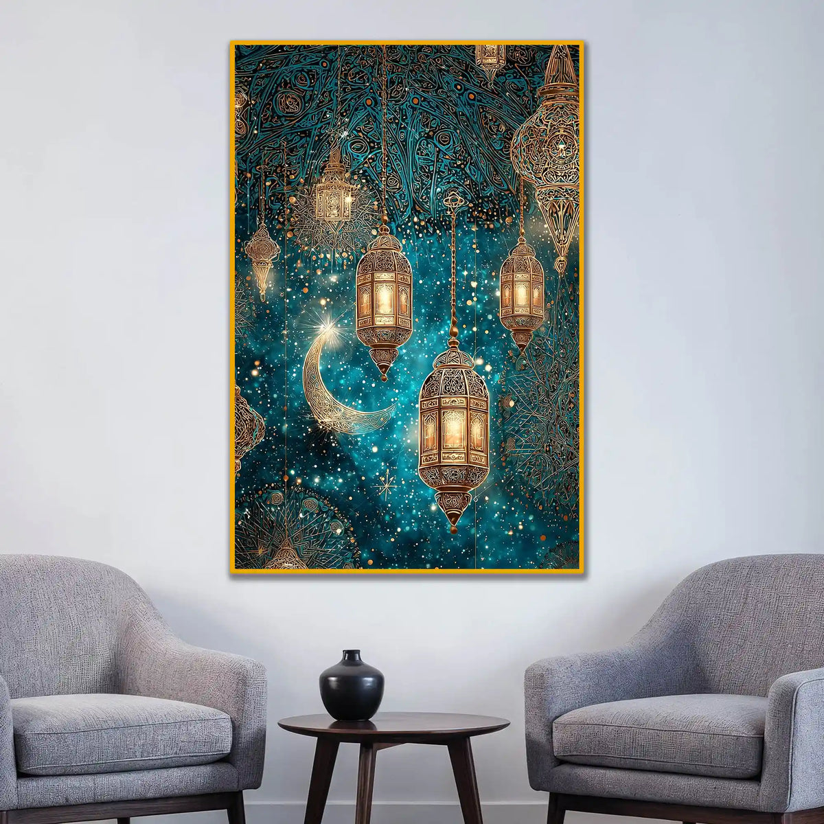 Golden Lanterns & Crescent Moon Floating Frame Crystal Wall Painting