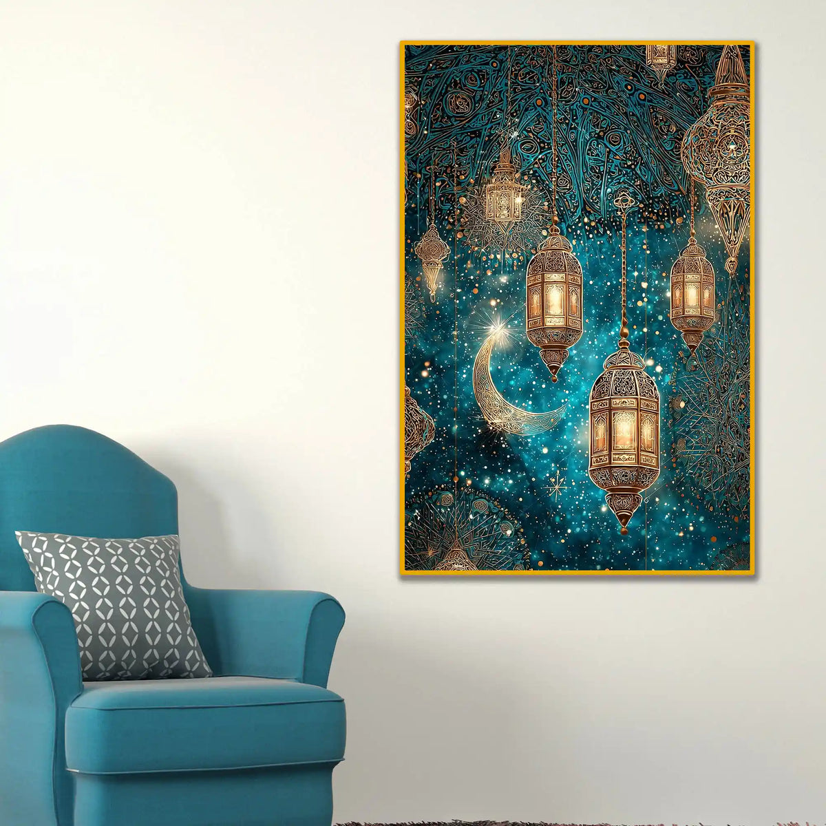 Golden Lanterns & Crescent Moon Floating Frame Crystal Wall Painting