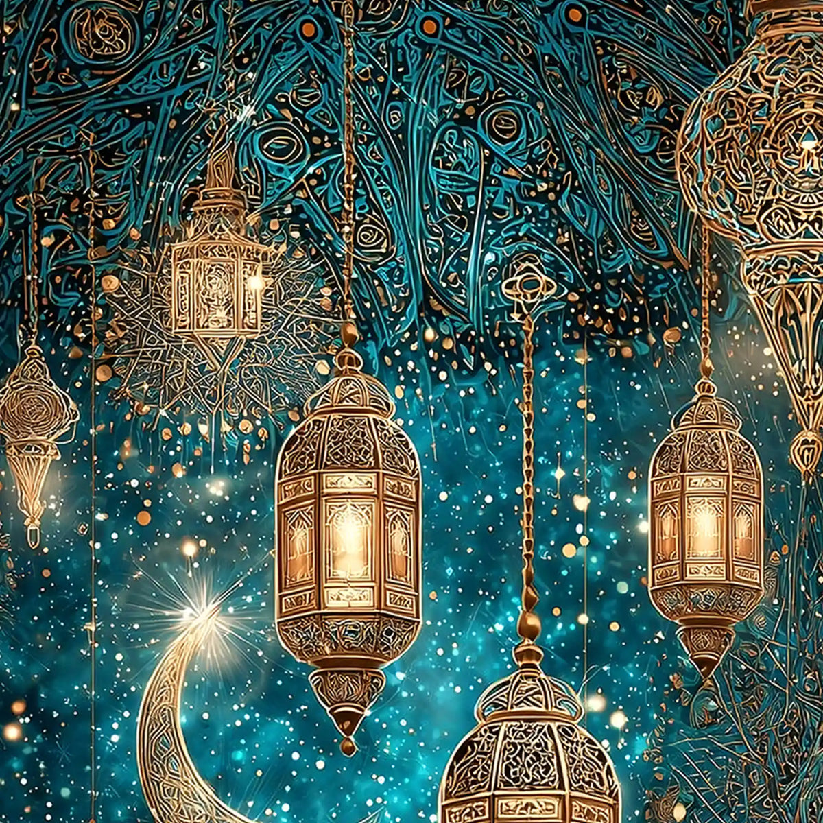 Golden Lanterns & Crescent Moon Floating Frame Crystal Wall Painting