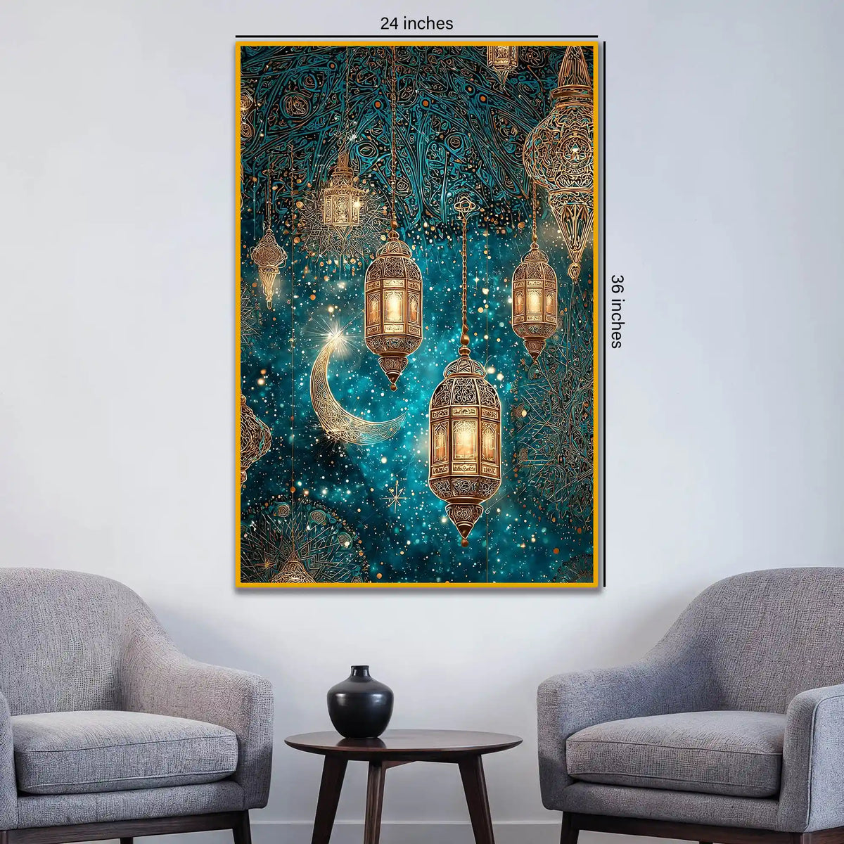 Golden Lanterns & Crescent Moon Floating Frame Crystal Wall Painting