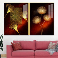 Golden Leaf Symphony Modern Acrylic Floating Wall Painting Set of 2