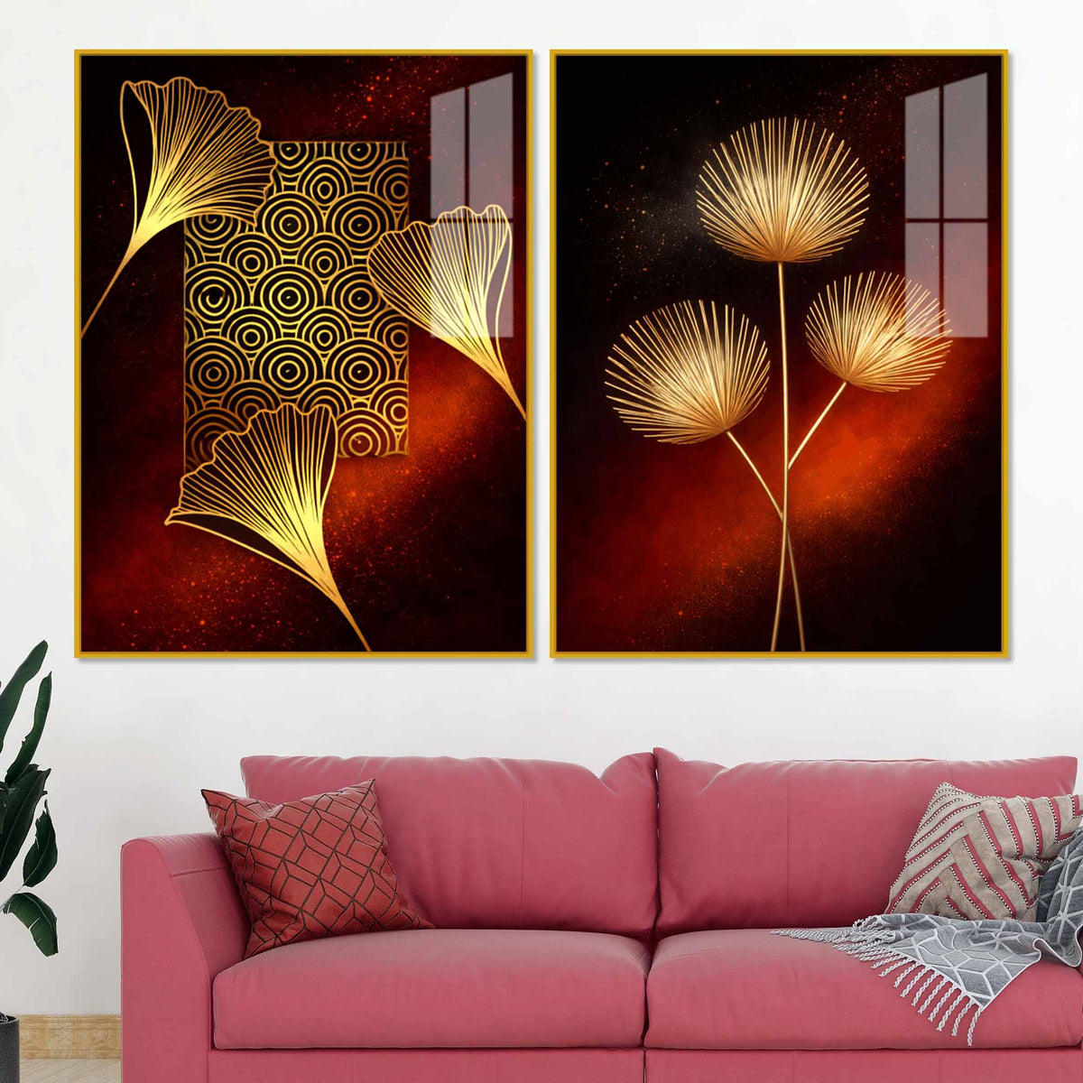 Golden Leaf Symphony Modern Acrylic Floating Wall Painting Set of 2